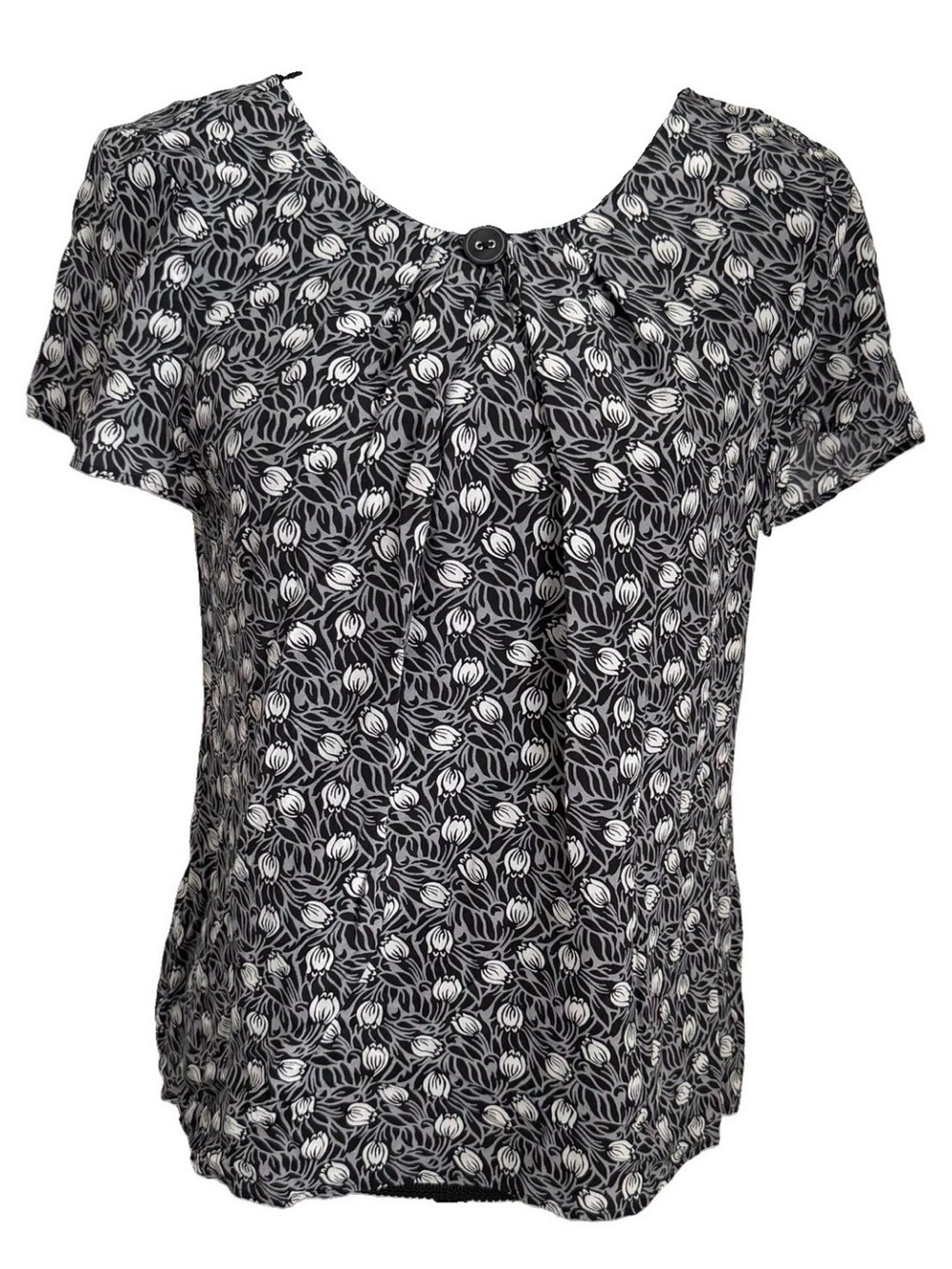 Talbots Silk Blouse Womens 8 Black Floral Scoop Neck Short Sleeve Print Office